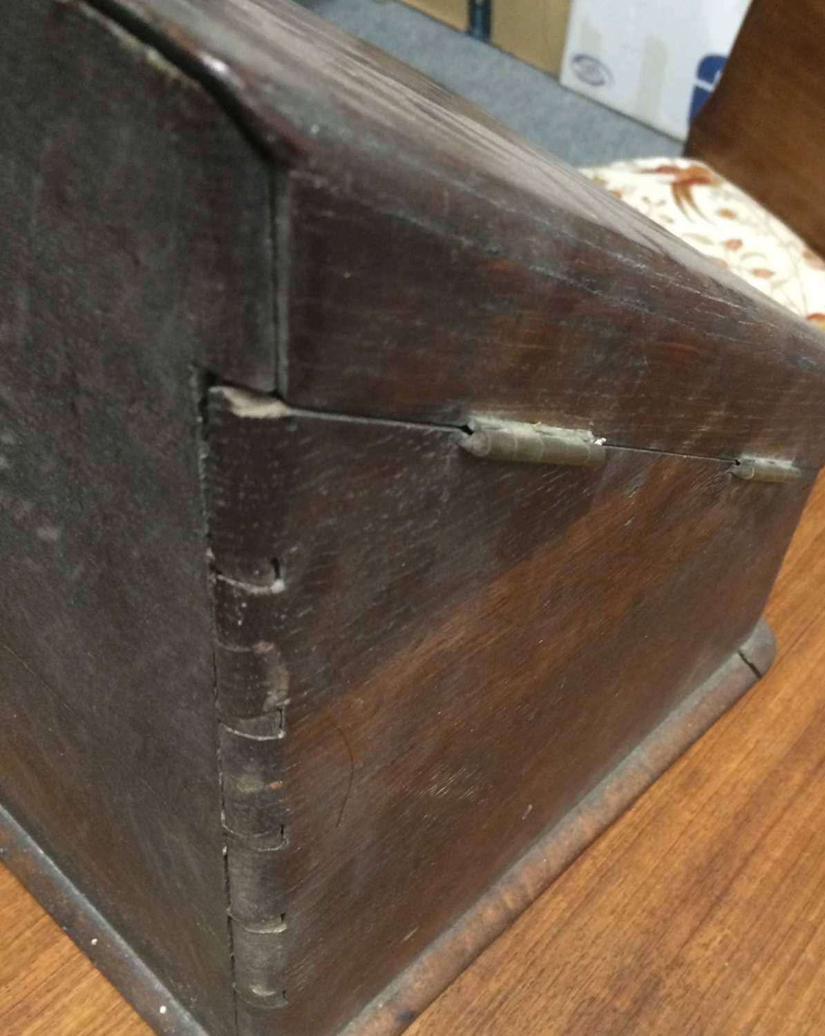 A 19th Century Oak Table Top Stationary Cabinet, toleware spice tin, blue glass chemists jar and - Image 5 of 20