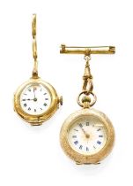 A Lady's 14 Carat Gold Fob Watch, case stamped 14k, and a Lady's 15 Carat Gold Wristwatch, (2)