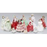 A Collection of Mainly Royal Doulton Figures, including "Kate Hardcastle" HN 2028, "Bridesmaid" M.12