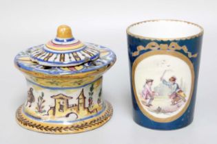 A Sevres Style Porcelain Beaker, circa 1800, painted with two roundels, one with figures playing