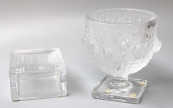 A Lalique Glass Dressing Table Box and Cover, and a Lalique Glass rose vase, 14cm h (2) with boxes