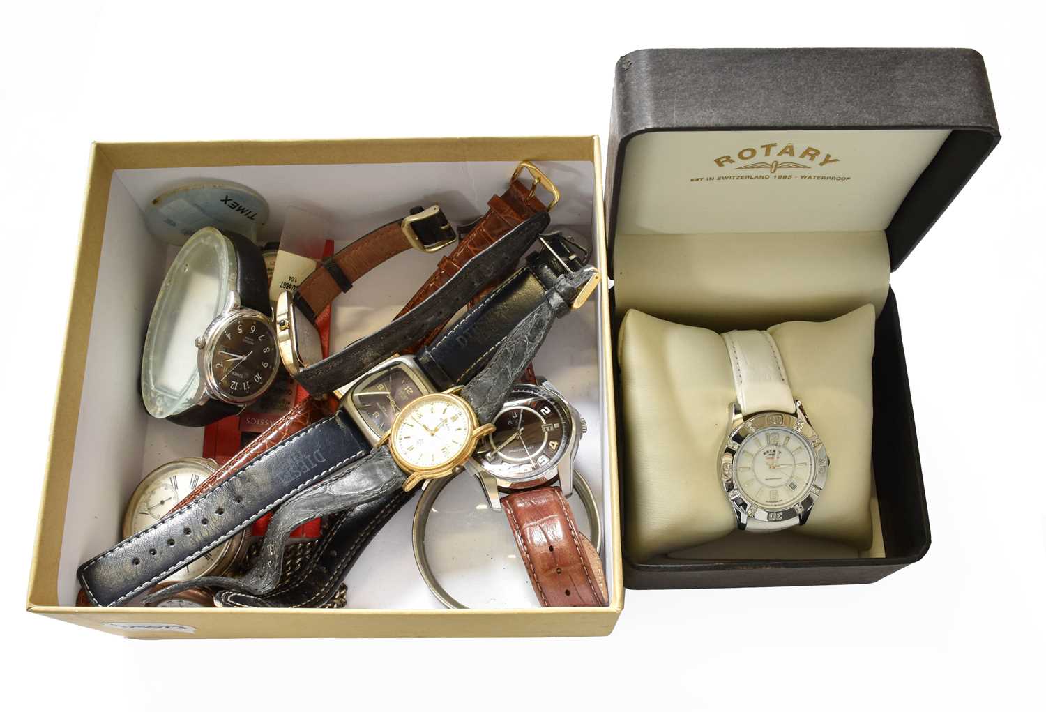 A Selection of Quartz Wristwatches, by Rotary, Timex, etc and a silver open faced pocket watch, with