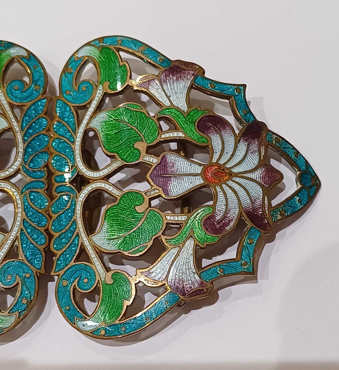 An Enamel Belt Buckle, of floral design, enamelled in green, blue and purple tones The buckle is - Image 5 of 6