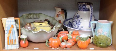 Various Ceramics, including Stoneware lamb form mould, various jugs, part wash set, etc (one shelf)