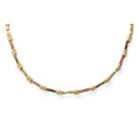 A Multi-Gem Set Necklace, ruby, sapphire and emerald sections in yellow channel settings, spaced