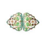 An Enamel Belt Buckle, of floral design, enamelled in green, blue and purple tones The buckle is