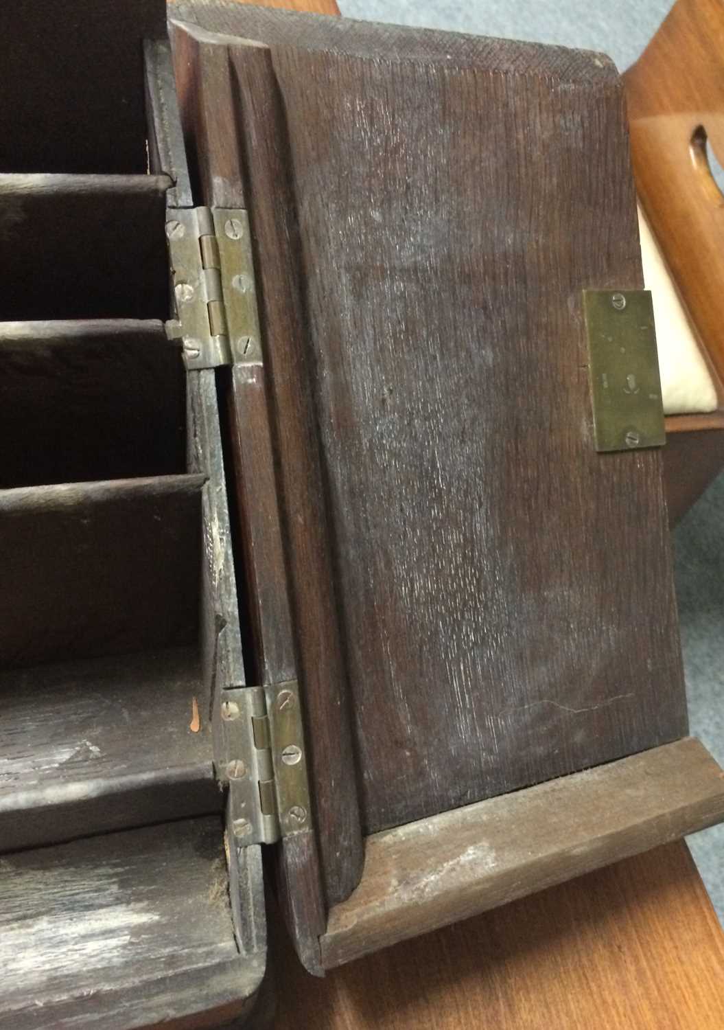 A 19th Century Oak Table Top Stationary Cabinet, toleware spice tin, blue glass chemists jar and - Image 10 of 20