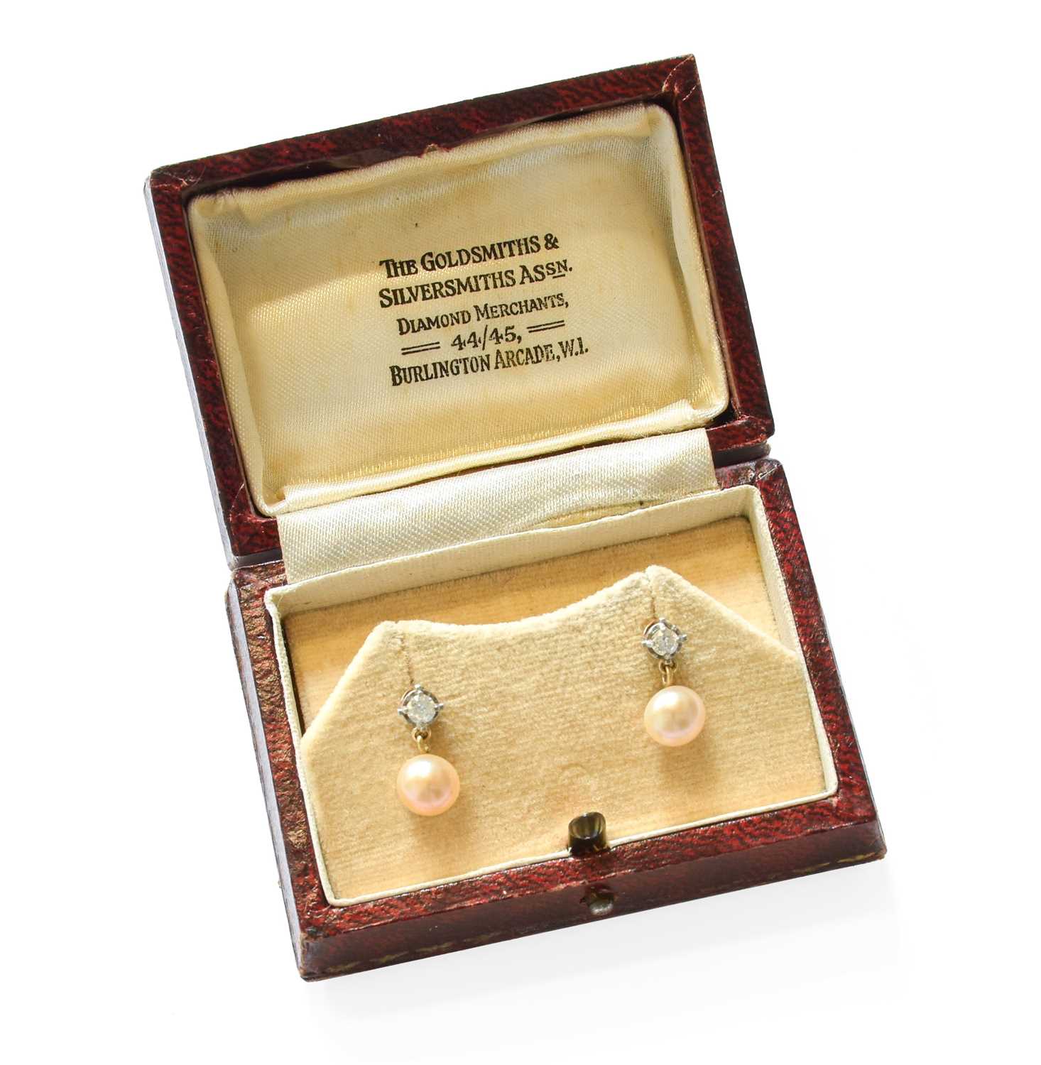 A Pair of Cultured Pearl and Diamond Drop Earrings, the old cut diamonds in white claw settings,