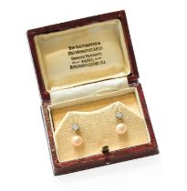 A Pair of Cultured Pearl and Diamond Drop Earrings, the old cut diamonds in white claw settings,