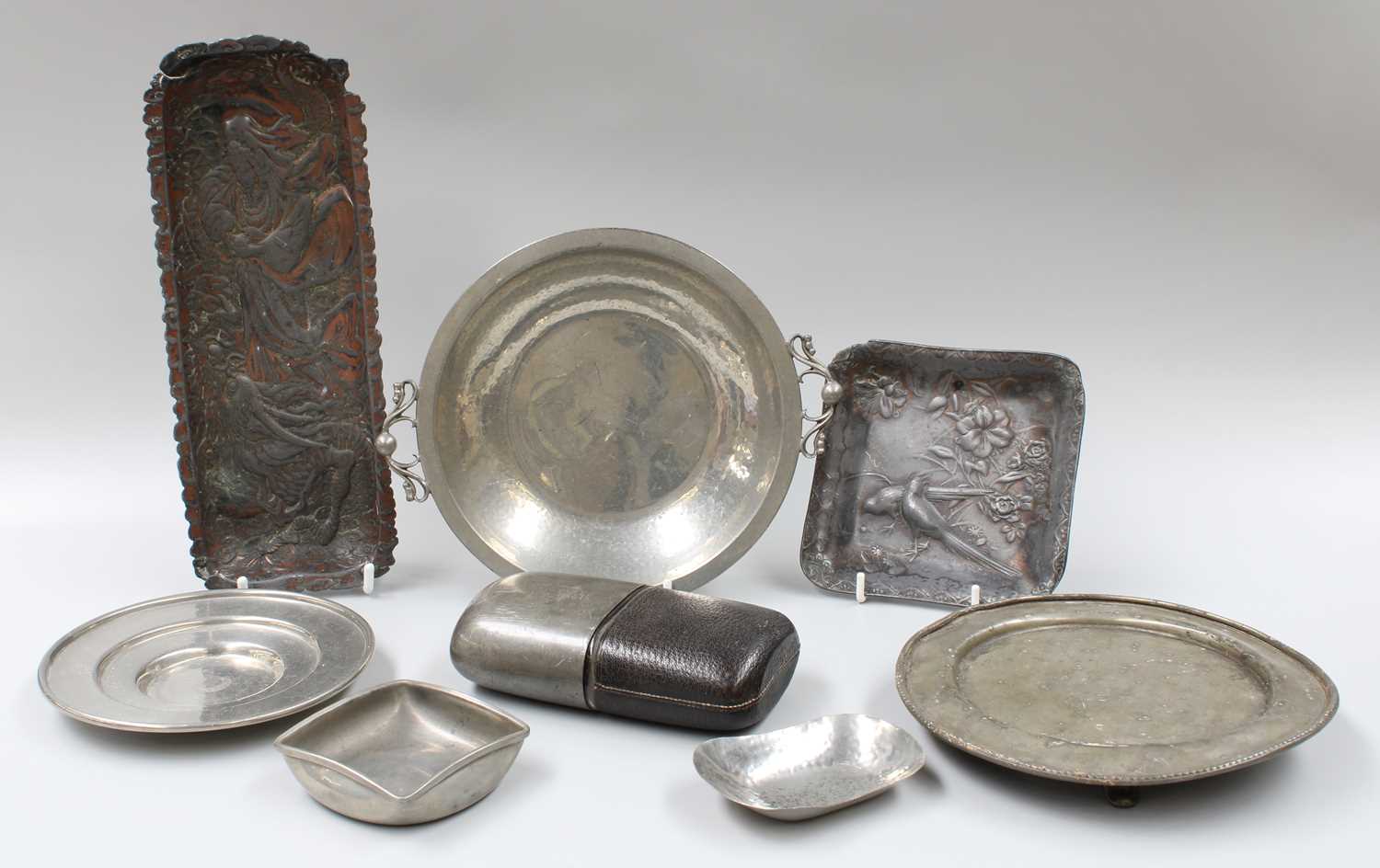 Various 18th Century and Later Pewter, including measures, two Japanese dishes with relief - Image 3 of 4