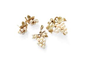 A 9 Carat Gold Cultured Pearl Brooch, Pendant and Pair of Earrings, all of similar form depicting