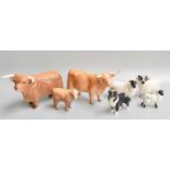 Beswick Highland Cattle, Bull, Cow and Calf, together with a Ram, Sheep, Lamb and Collie (7)