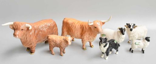 Beswick Highland Cattle, Bull, Cow and Calf, together with a Ram, Sheep, Lamb and Collie (7)