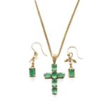 A 9 Carat Gold Emerald Pendant on Chain, the cross composed of oval cut emeralds in yellow claw