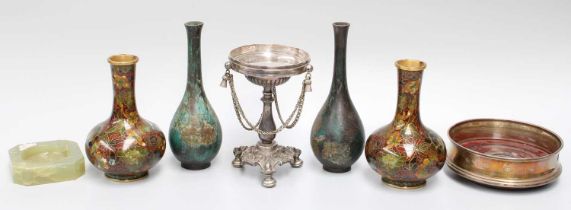 A Gilt Metal Table Top Easle, two verdi gris bronze bottle vases, silver bottle coaster, Onyx