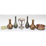 A Gilt Metal Table Top Easle, two verdi gris bronze bottle vases, silver bottle coaster, Onyx
