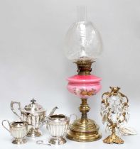 A Collection of Assorted Items, including a Victorian oil-lamp, with brass base and opaque glass