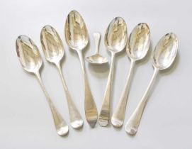 A Set of Four George II Silver Table-Spoons, Hanoverian pattern and with fancy back, engraved with