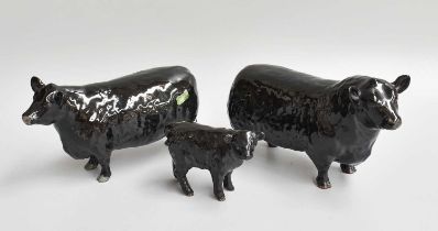 Beswick Aberdeen Angus Bull, Cow and Calf, Black Gloss (3)