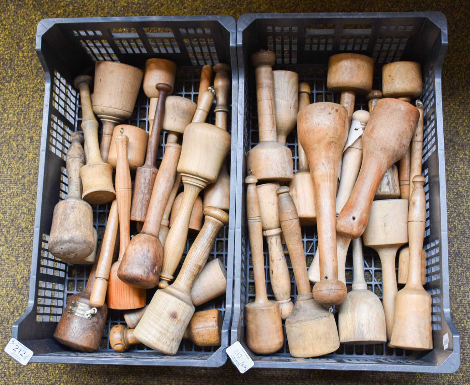 Two Boxes of 19th Century and Later Turned Wooden Potato Mashers, together with a box of