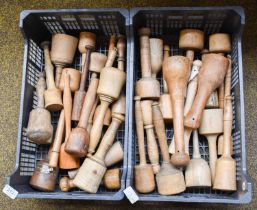 Two Boxes of 19th Century and Later Turned Wooden Potato Mashers, together with a box of