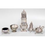 A Collection of Assorted Silver Condiment-Items, including a square section caster, 17.5cm high; a