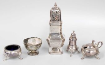 A Collection of Assorted Silver Condiment-Items, including a square section caster, 17.5cm high; a