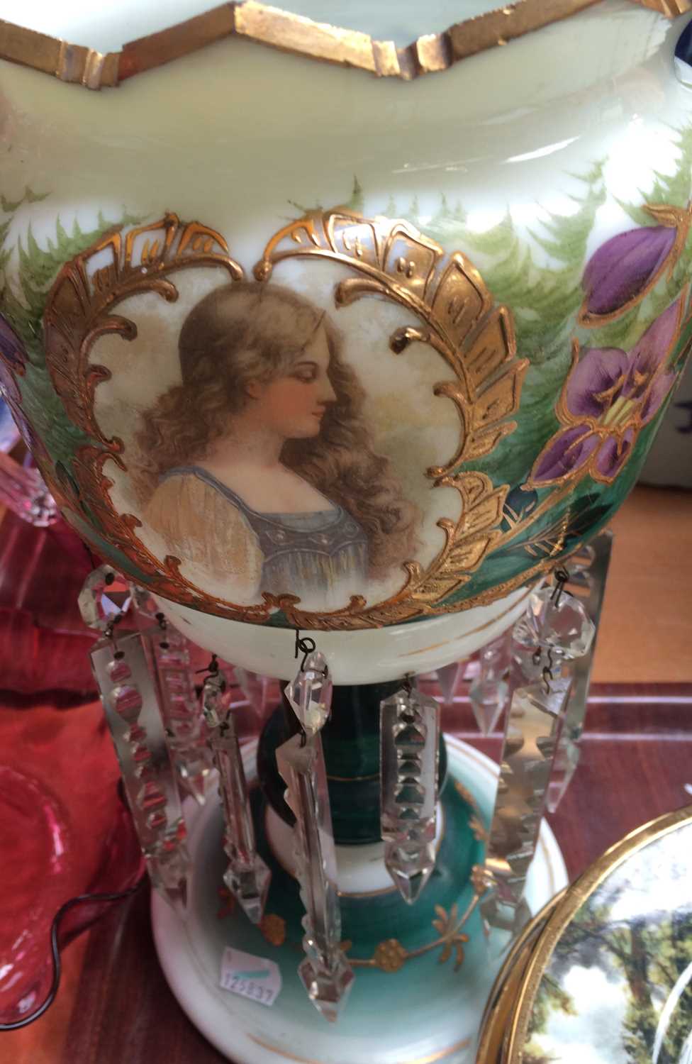 An Edwardian Opaque Glass Table Lustre, decorated with a portrait, together with a collection of - Image 8 of 9