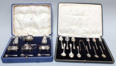 A Cased Silver Condiment-Set, by Mappin and Webb, Birmingham, 1934, comprising a pair of salt-