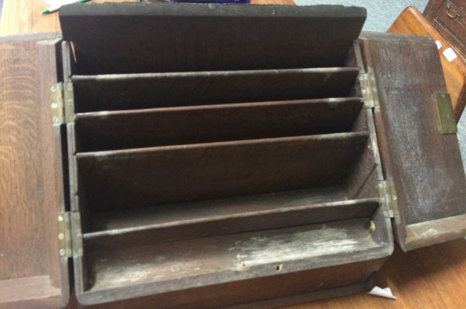 A 19th Century Oak Table Top Stationary Cabinet, toleware spice tin, blue glass chemists jar and - Image 9 of 20