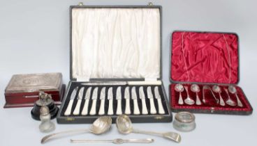 A Collection of Assorted Silver and Silver Plate, including a pair of silver-mounted frosted glass