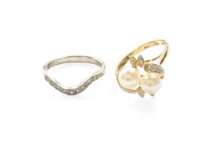 An 18 Carat White Gold Diamond Wishbone Ring, finger size M1/2; and A 9 Carat Gold Cultured Pearl