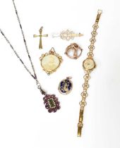 A Small Quantity of Jewellery, including a cross pendant; an enamel locket (a.f.); a double sided