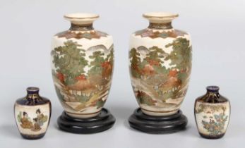 A Pair of Small Early 20th Century Japanese Satsuma Vases, 9.5cm high, on a pair of wooden stands