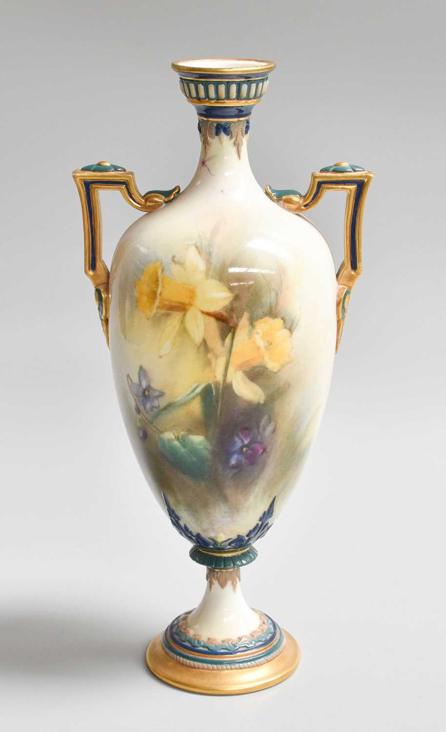 A Royal Worcester Porcelain Hadelyware Twin Handled Vase, hand painted with flowers, 21.5cm high