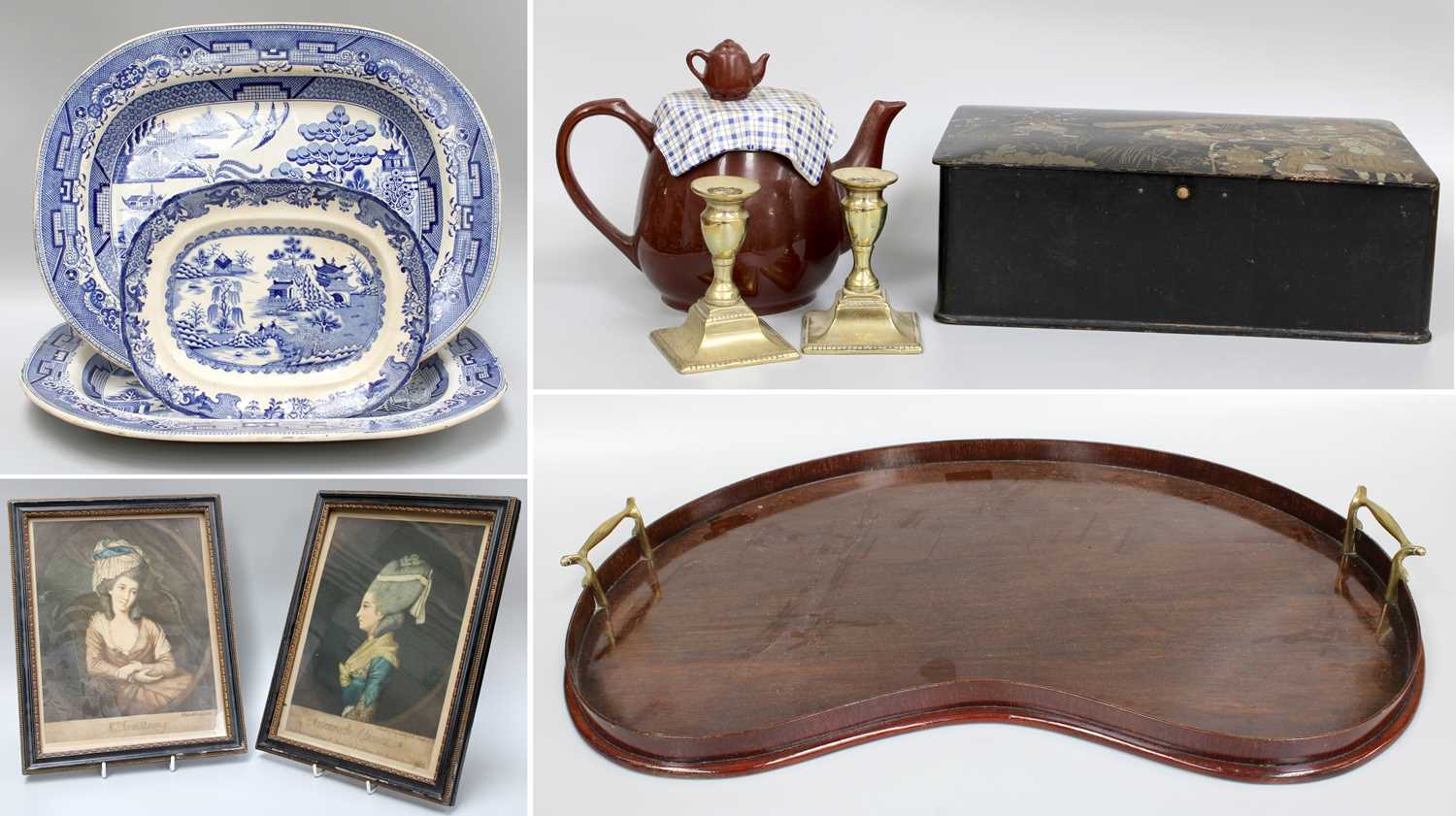 A Group of Assorted Items Including, a Japanese lacquered box, kidney form tray, three blue and