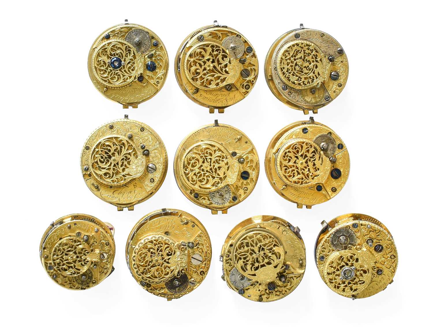 Ten 18th Century Pocket Watch Movements, signed Markham, London, Thos Noon, Ashby, Jas Montagu,