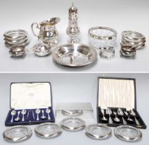 A Collection of Assorted Silver and Silver Plate, the silver including a cased set of spoons; an