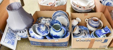 A Quantity of Decorative Blue and White Ceramics, including tureens, tiles, wash jug and bowl, etc