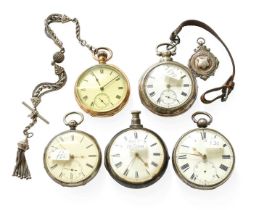 Two Silver Pair Cased Pocket Watches, Two Silver Open Faced Pocket Watches and a Open Faced Plated