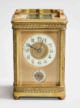 A French Brass Carriage Alarm Timepiece, circa 1900, 15cm high over handle