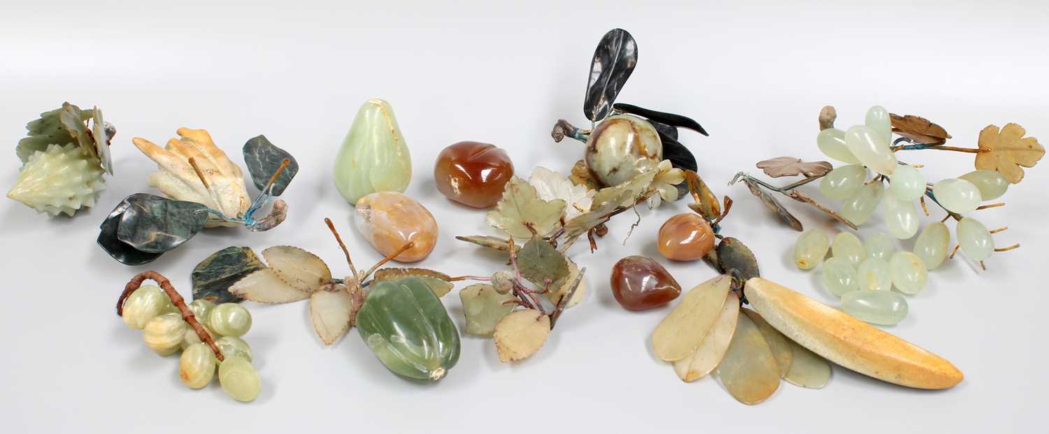 Assorted 20th Century Carved Hardstone Fruit and Folliage (one tray)