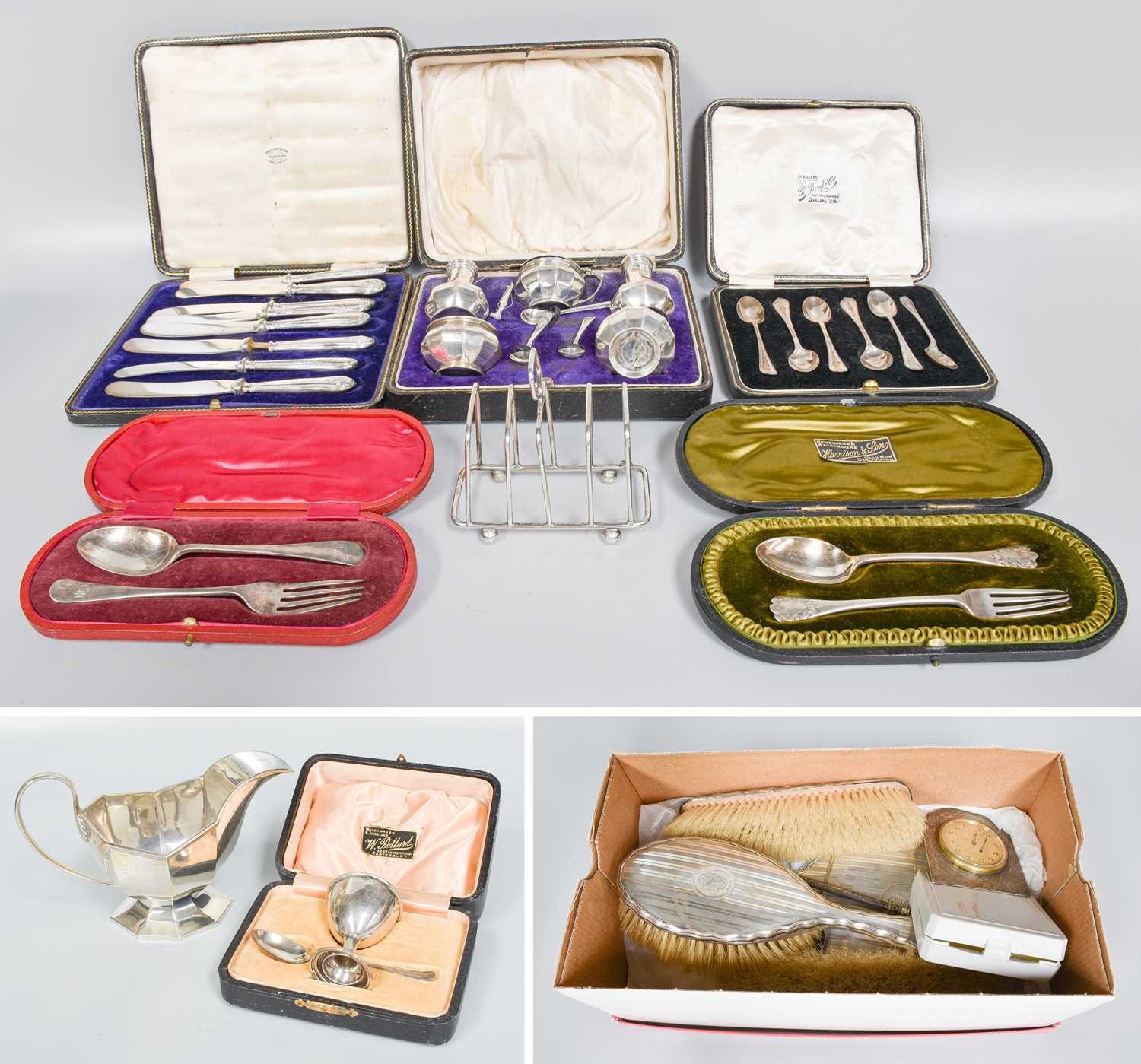A Collection of Assorted Silver, including a cased condiment-set; a sauceboat; a time-piece;