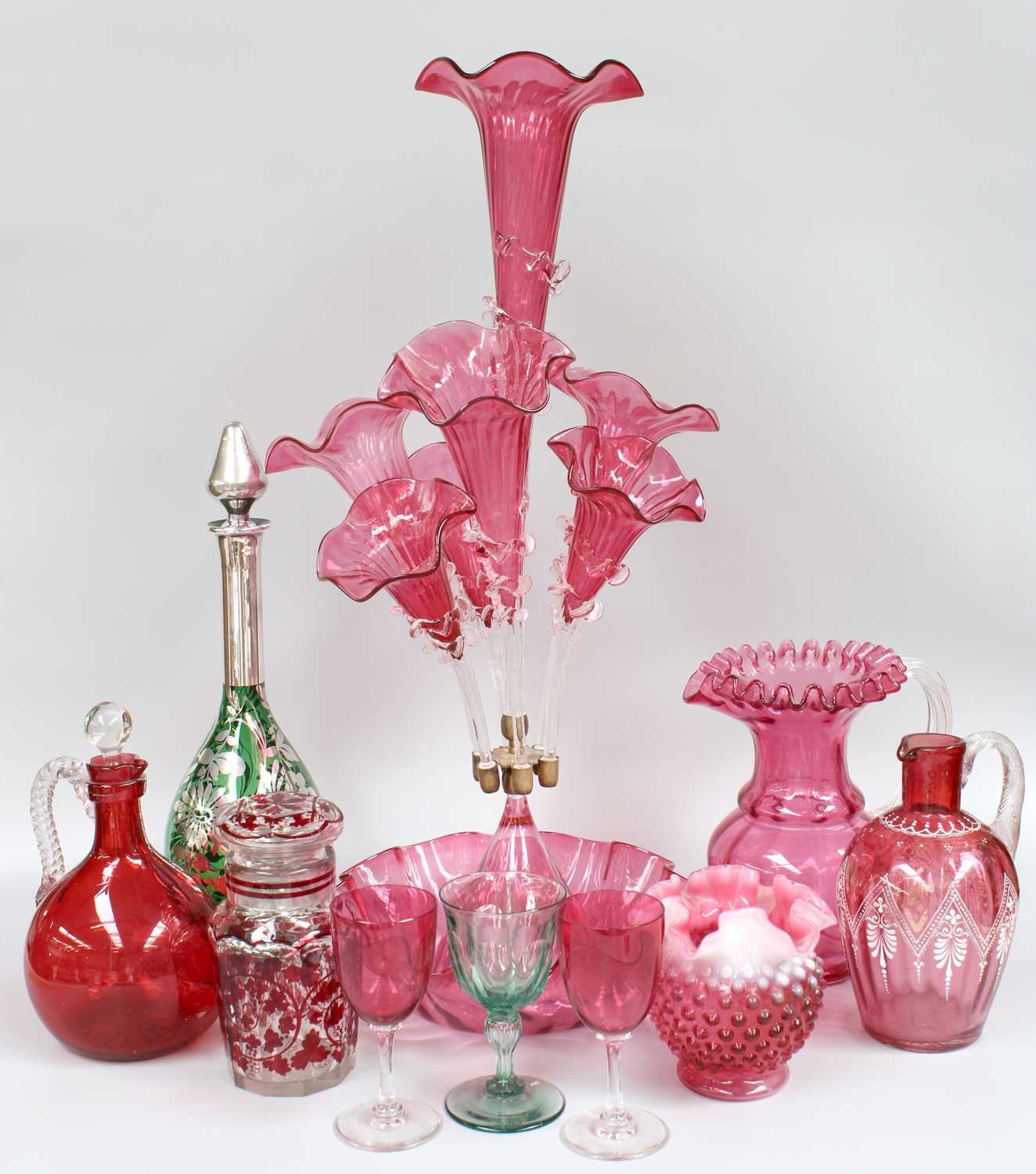 A Victorian Style Cranberry Glass Seven Flute Epergne, together with other similar glasssware - Image 2 of 3