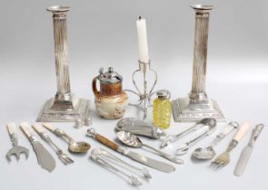 A Collection of Assorted Silver and Silver Plate, including a pair of silver candlesticks; a