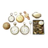A 9ct Gold Watch, mourning ring, two silver pocket watches, gilt and plated pocket watches,