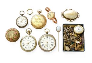 A 9ct Gold Watch, mourning ring, two silver pocket watches, gilt and plated pocket watches,