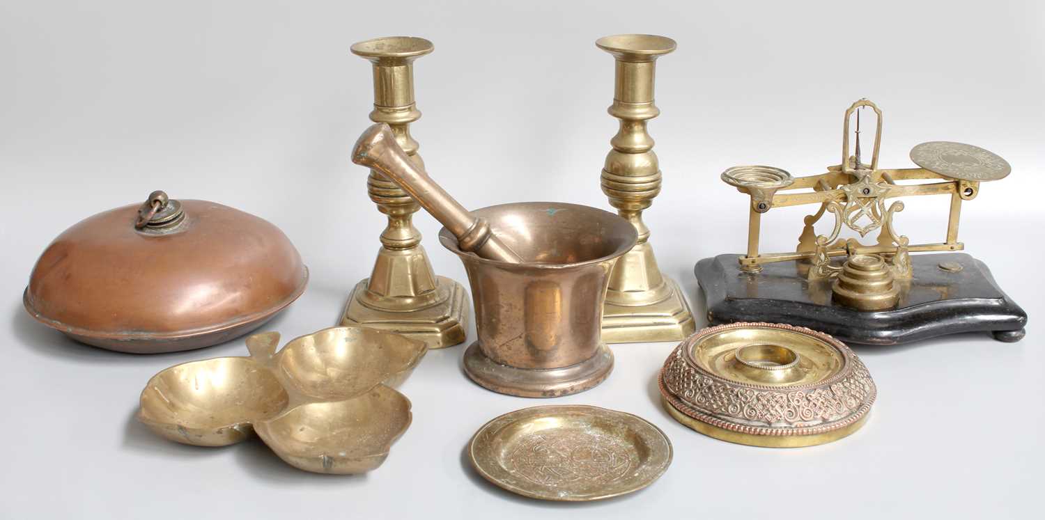 Assorted Brass, Copper and Mixed Metalwares, including a set of postal scales, a pestle and - Image 3 of 4