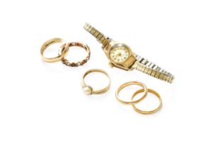 A Small Quantity of Jewellery, including two 9 carat gold band rings, finger sizes L1/2 and O1/2;