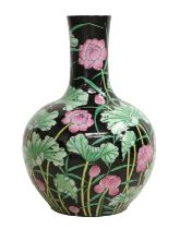 A Large Chinese Porcelain Bottle Vase, 20th Century, black ground and painted with a lotus pond,